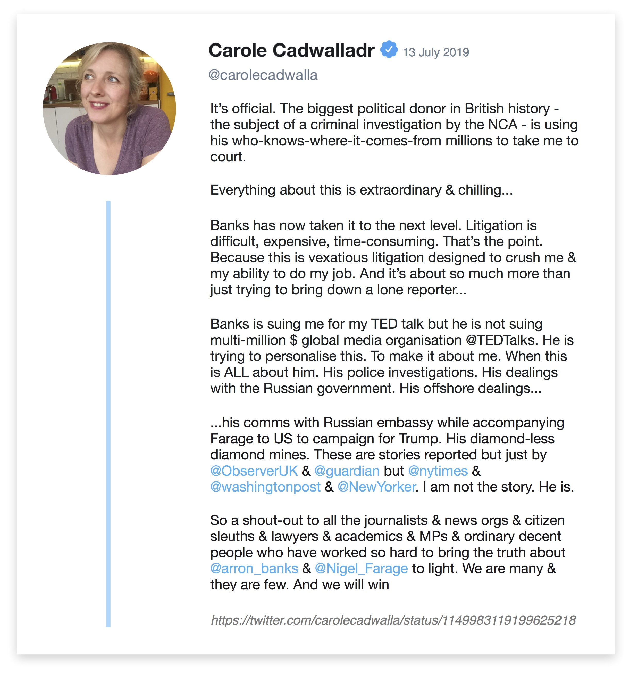 Join the Fight Back: Support Carole Cadwalladr - a Personal Causes  crowdfunding project in United Kingdom by Thank you Carole Cadwalladr!